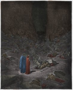 インフェルノ、カント9：異端者の燃える墓、ダンテアリギエーリ作「The Divine Comedy」（1885年）（デジタル色の彫刻） 作： Gustave after Dore